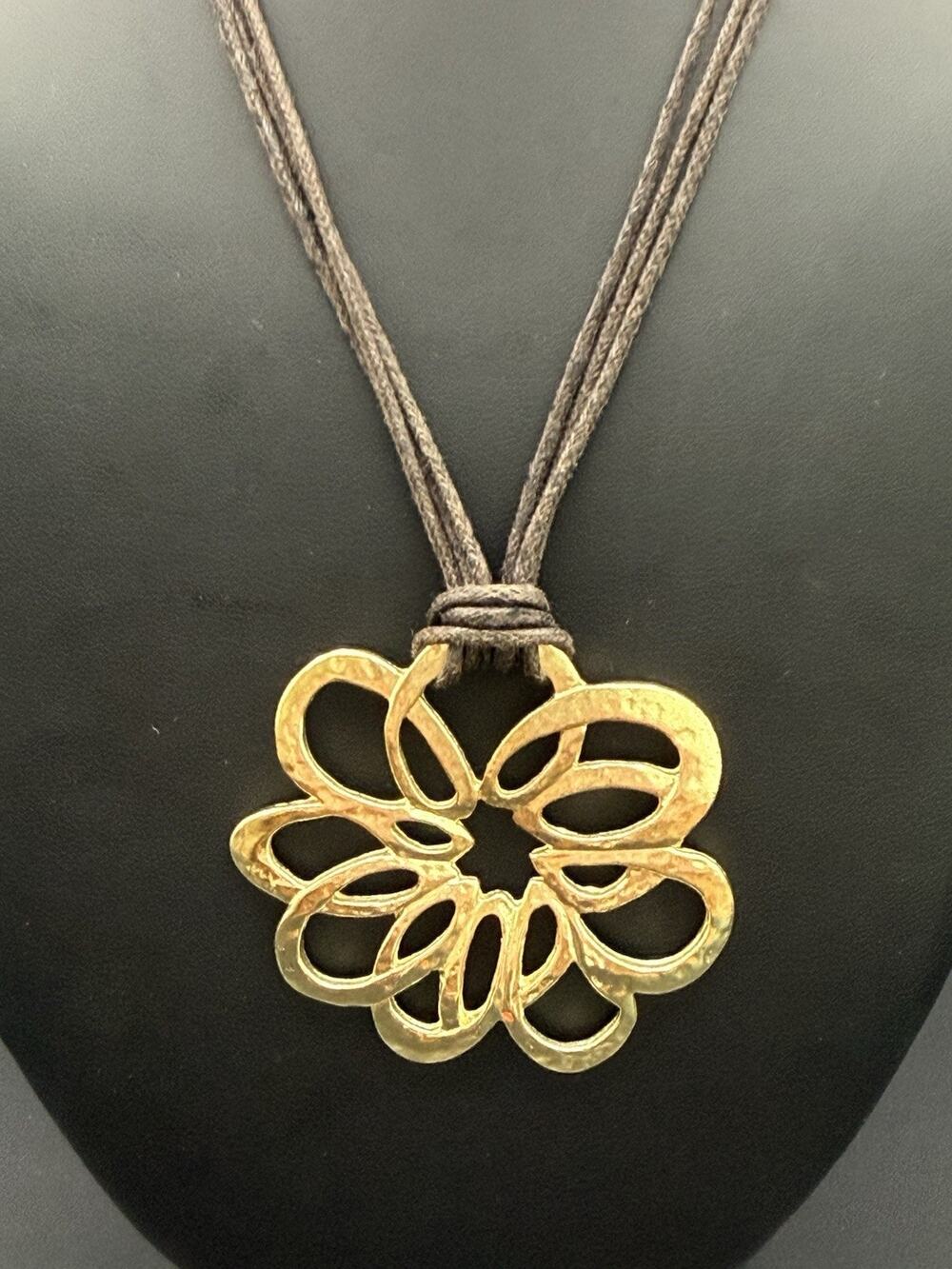 Vintage VCLM Nordstrom Gold Tone Hammered Flower Medallion Cord Necklace 90s
